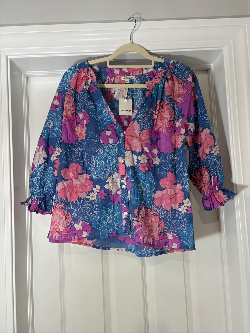 Natura Blue Floral Button-Front Peasant Top